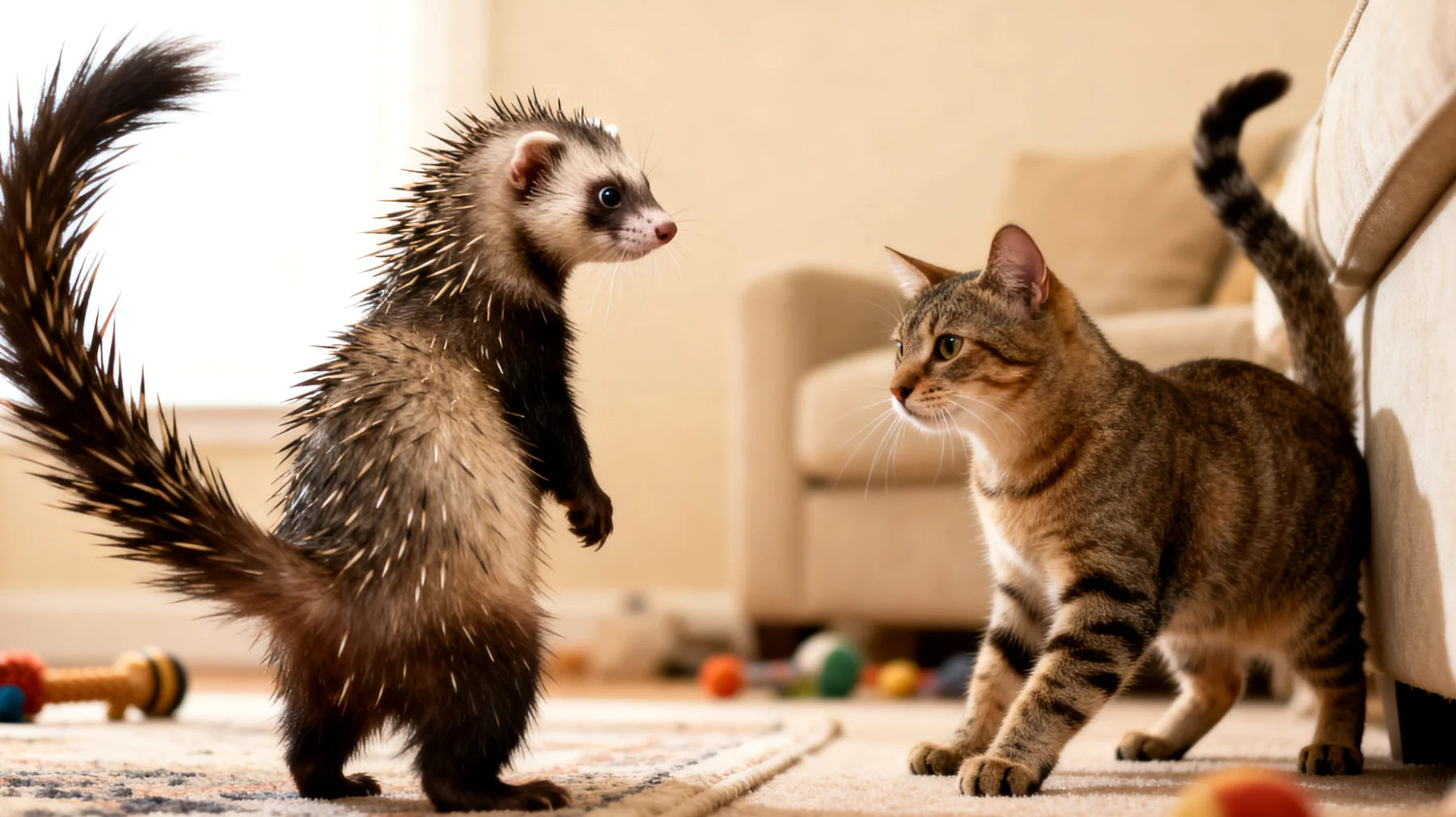 Frettchen zeigen bei der Eingewöhnung oft territoriales Verhalten gegenüber anderen Haustieren, was zu Konflikten, Stress und potentiellen Verletzungen führen kann, insbesondere da sie als Raubtiere einen ausgeprägten Jagdinstinkt besitzen"