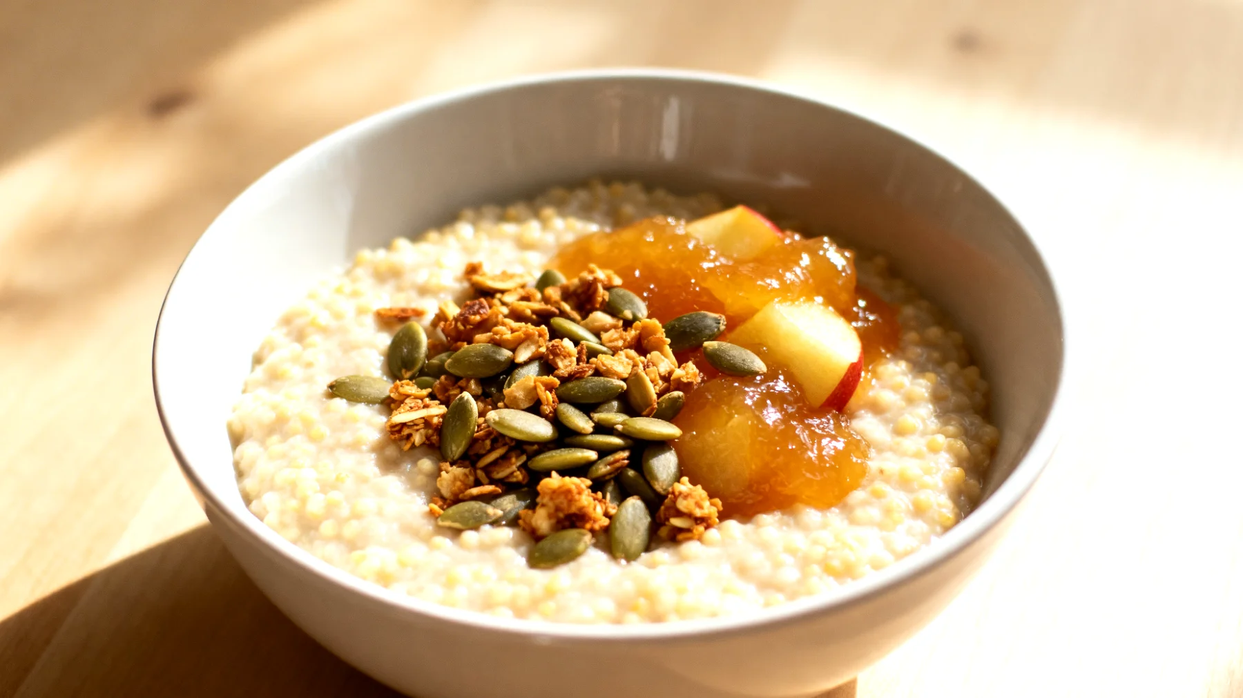 Hirsebrei mit gerösteten Kürbiskernen und Apfelkompott"